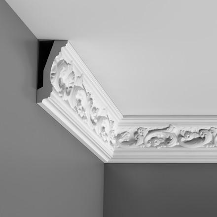 C201-Luxxus Decorative Polyurethane Crown Molding, Primed White. Face: 4-15/16" Length: 78-3/4"