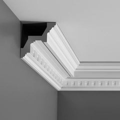 C211-Luxxus Decorative Polyurethane Crown Molding, Primed White. Face: 6-1/4" Length: 78-3/4"