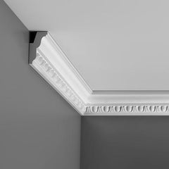 C212-Luxxus Decorative Polyurethane Crown Molding, Primed White. Face: 3-3/8" Length: 78-3/4"