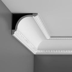 C216-Luxxus Decorative Polyurethane Crown Molding, Primed White. Face: 7" Length: 78-3/4"