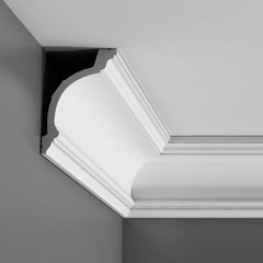 C217-Luxxus Plain Polyurethane Crown Molding, Primed White. Face: 7-3/8" Length: 78-3/4"