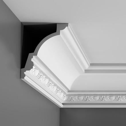 C301-Luxxus Decorative Polyurethane Crown Molding, Primed White. Face: 8-11/16" Length: 78-3/4"