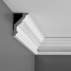 C302-Luxxus Decorative Polyurethane Crown Molding, Primed White. Face: 5-7/8" Length: 78-3/4"