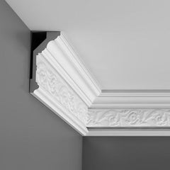 C303-Luxxus Decorative Polyurethane Crown Molding, Primed White. Face: 6-1/16" Length: 78-3/4"