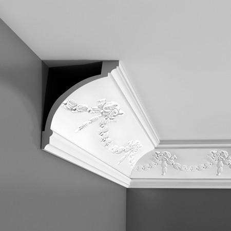 C218-Luxxus Decorative Polyurethane Crown Molding, Primed White. Face: 7-13/16" Length: 78-3/4"