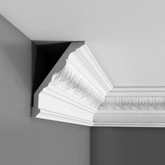 C219-Luxxus Decorative Polyurethane Crown Molding, Primed White. Face: 8-5/8" Length: 78-3/4"