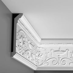 C308-Luxxus Decorative Polyurethane Crown Molding, Primed White. Face: 10-1/8" Length: 78-3/4"