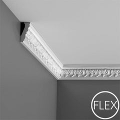 FC214 - Flexible Decorative Polyurethane Crown Molding, Flexible, Primed White. Face: 2-13/16" Length: 78-3/4"