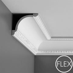 FC216-Flexible Decorative Polyurethane Crown Molding, Flexible, Primed White. Face: 7" Length: 78-3/4"