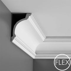 FC217-Flexible Plain Polyurethane Crown Molding, Flexible, Primed White. Face: 7-3/8" Length: 78-3/4"