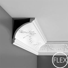 FC218-Flexible Decorative Polyurethane Crown Molding, Flexible, Primed White. Face: 7-13/16" Length: 78-3/4"