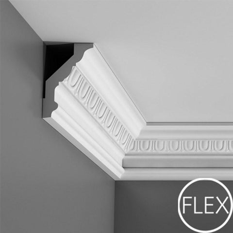 FC302-Flexible Decorative Polyurethane Crown Molding, Flexible, Primed White. Face: 5-7/8" Length: 78-3/4"