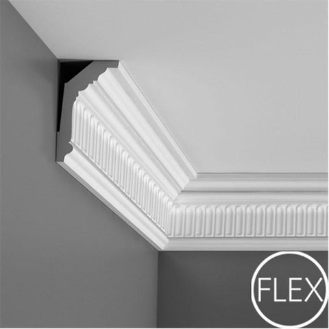 FC304 - Flexible Decorative Polyurethane Crown Molding, Flexible, Primed White. Face: 5-1/2" Length: 78-3/4"