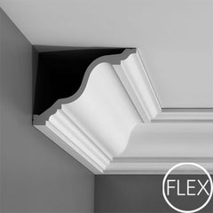 FC334-Flexible Plain Polyurethane Crown Molding, Flexible, Primed White. Face: 9-11/16" Length: 78-3/4"