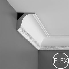 FC402-Flexible Decorative Polyurethane Crown Molding, Flexible, Primed White. Face: 5-9/16" Length: 78-3/4"